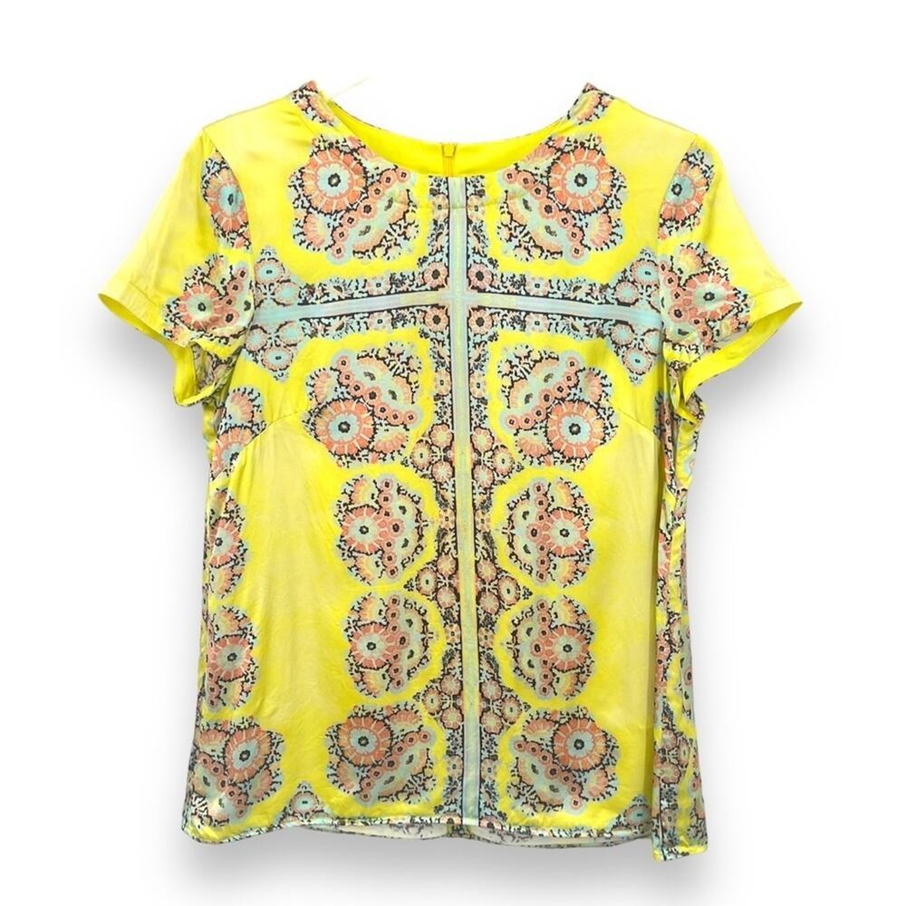 Nanette Lepore blouse women's 12 paisley floral print short sleeve  yellow beach